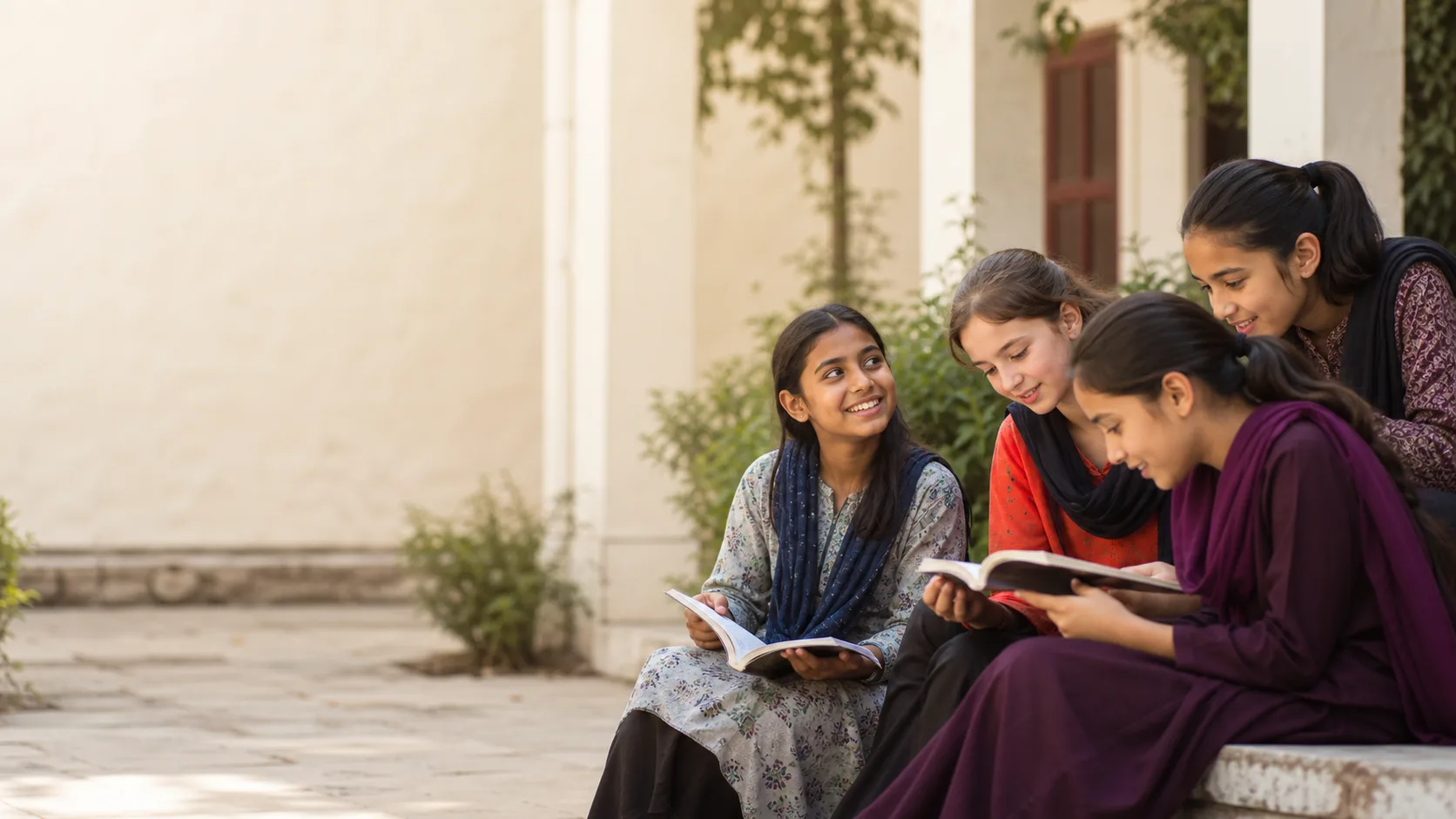 Girls reading and learning together in a sunlit courtyard